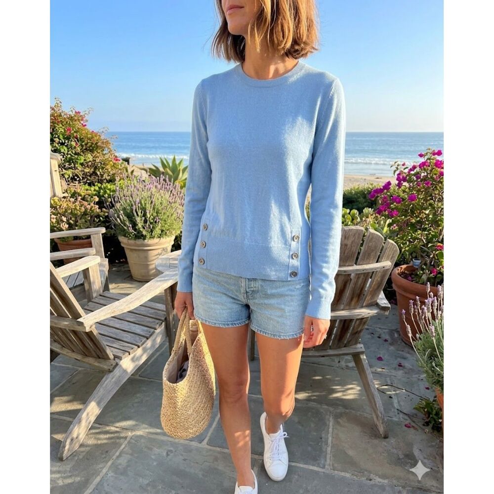 J. Jill Blue Cotton Knit Sweater Top XS Button-Detail Vacation Coastal Preppy